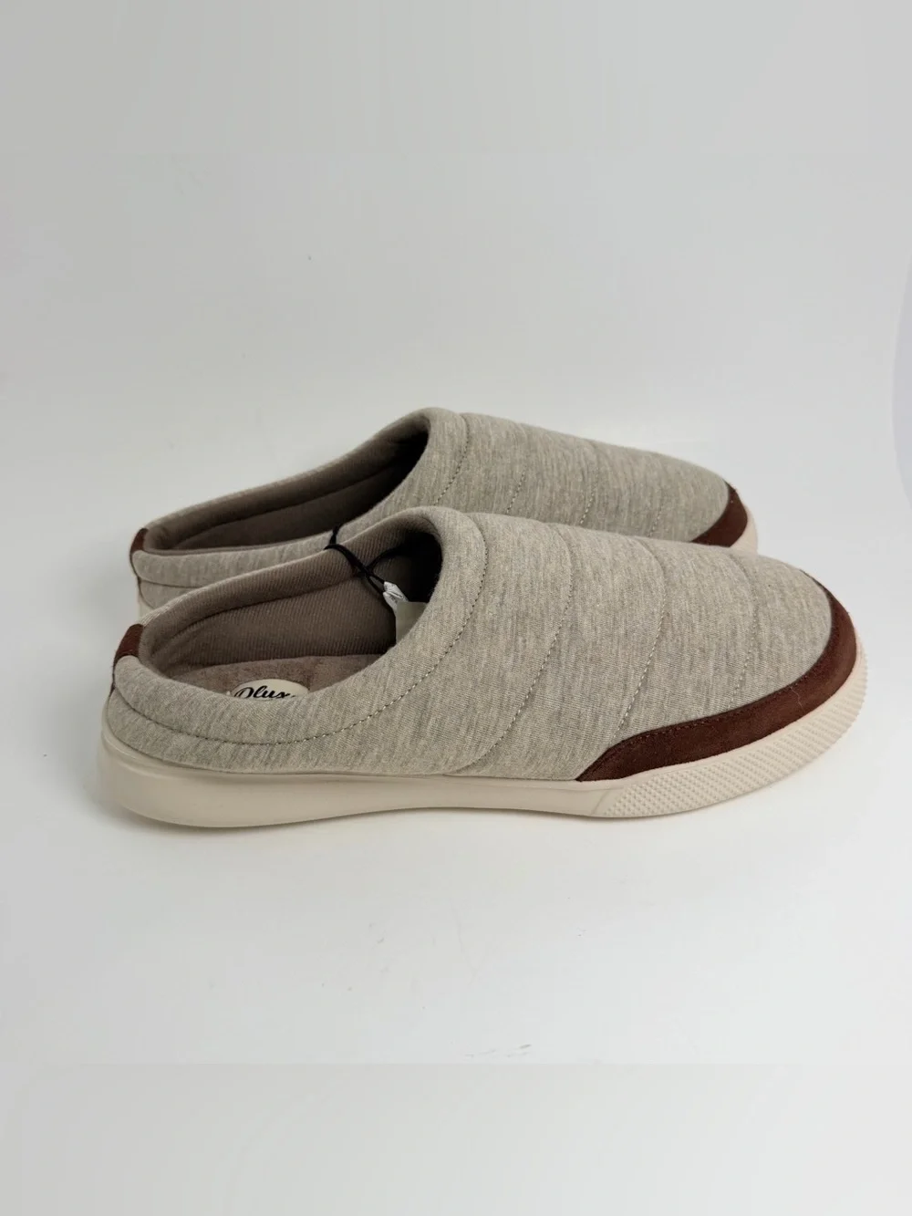 dearfoams Quilted Slip-On Mules in Taupe with Brown Trim
